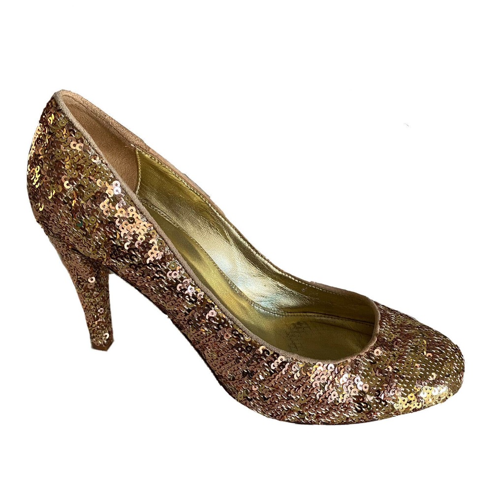 J Crew Collection Pump Sequin Gold Round Toe Metallic Slim 3.5" Heel 7 I…